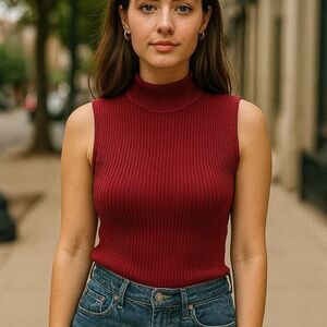 Red Silk Nylon Viscose M Mock Neck Knit Sleeveless Tank Top Office Siren Elegant